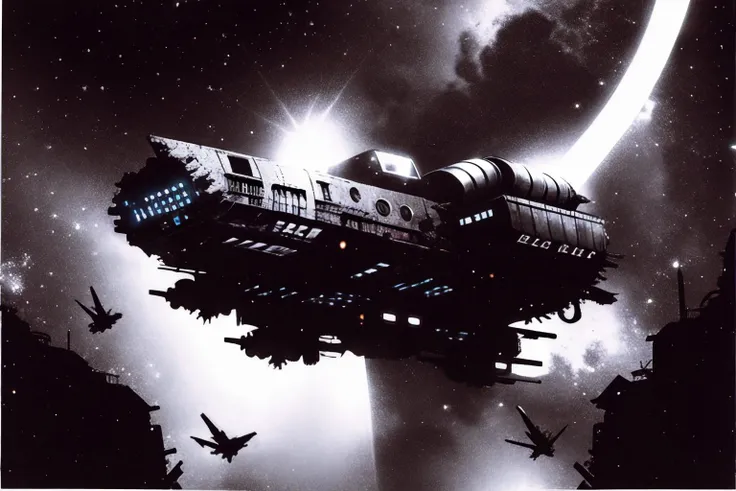 masterpiece, grimdark, retro sci-fi scenery, lens flare, nebula, stars, (in space, space), dark, ((panoramic,)) (derelict starship ((floating in space)) surrounded by metal debris), lifeless space hulk, dead spaceship, sci-fi, uhd, extremely detailed, 8k, intricate details, by Chris Foss, by John Berkey, by Jim Burns, no humans, <lora:Haruhiko Mikimoto_v30:0.7>