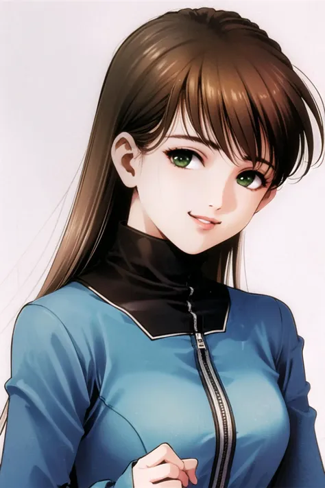 1girl, solo, brown hair, green eyes, long hair, uniform, smile, military uniform, military, looking at viewer, jacket, white background, upper body, simple background, retro artstyle, lips, long sleeves, turtleneck, <lora:msbqy:0.8>