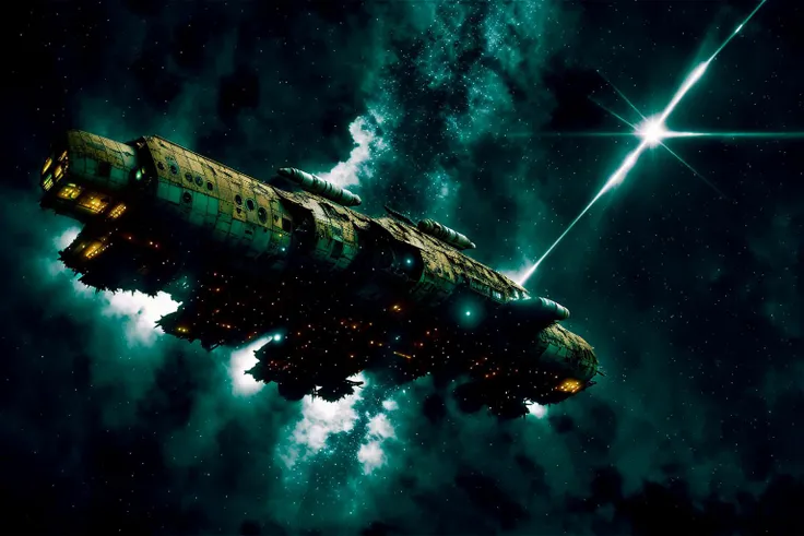 masterpiece, grimdark, retro sci-fi scenery, lens flare, nebula, stars, (in space, space), dark, ((panoramic,)) (derelict starship ((floating in space)) surrounded by metal debris), lifeless space hulk, dead spaceship, sci-fi, uhd, extremely detailed, 8k, intricate details, by Chris Foss, by John Berkey, by Jim Burns, no humans, <lora:Haruhiko Mikimoto_v30:0.7>