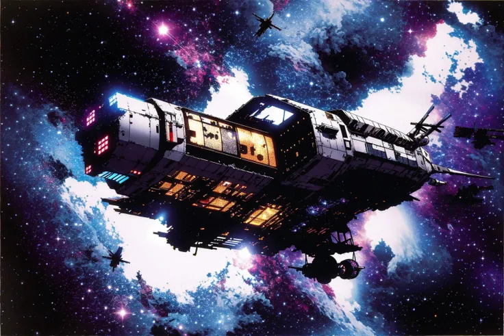 masterpiece, grimdark, retro sci-fi scenery, lens flare, nebula, stars, (in space, space), dark, ((panoramic,)) (derelict starship ((floating in space)) surrounded by metal debris), lifeless space hulk, dead spaceship, sci-fi, uhd, extremely detailed, 8k, intricate details, by Chris Foss, by John Berkey, by Jim Burns, no humans, <lora:Haruhiko Mikimoto_v30:0.7>