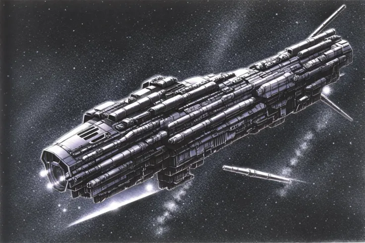 masterpiece, grimdark, retro sci-fi scenery, lens flare, nebula, stars, (in space, space), dark, ((panoramic,)) (derelict starship ((floating in space)) surrounded by metal debris), lifeless space hulk, dead spaceship, sci-fi, uhd, extremely detailed, 8k, intricate details, by Chris Foss, by John Berkey, by Jim Burns, no humans, <lora:Haruhiko Mikimoto_v30:0.7>