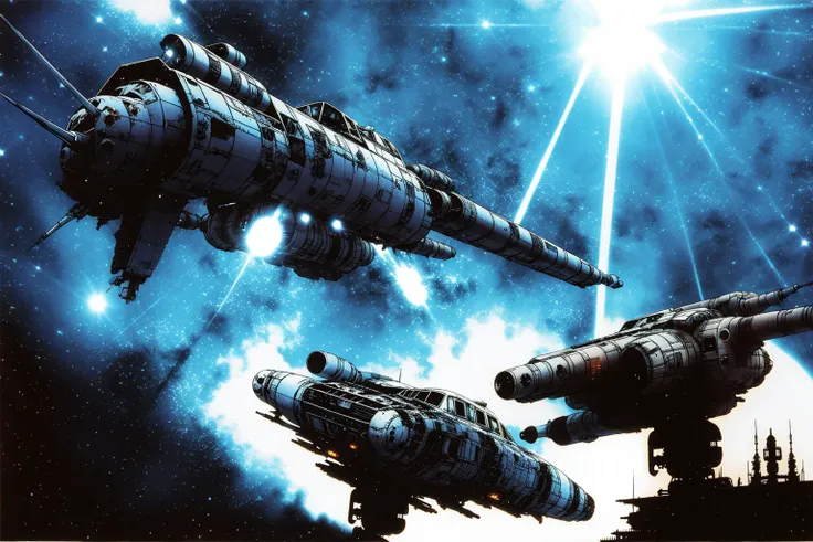 masterpiece, grimdark, retro sci-fi scenery, lens flare, nebula, stars, (in space, space), dark, ((panoramic,)) (derelict starship ((floating in space)) surrounded by metal debris), lifeless space hulk, dead spaceship, sci-fi, uhd, extremely detailed, 8k, intricate details, by Chris Foss, by John Berkey, by Jim Burns, no humans, <lora:Haruhiko Mikimoto_v30:0.7>