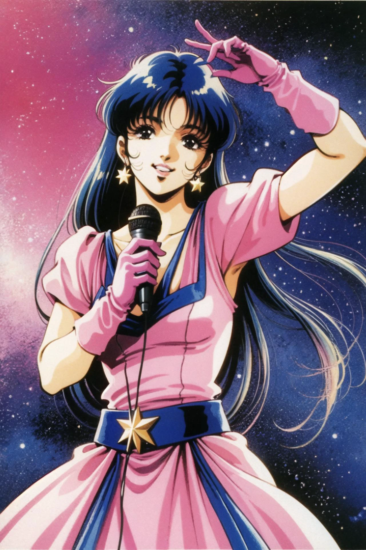1girl, solo, long hair, black hair, microphone, gloves, jewelry, earrings, retro artstyle, 1980s (style), holding, space, black eyes, looking at viewer, holding microphone, smile, upper body, star (symbol), pink gloves, star (sky), very long hair, watercolor \(medium\), <lora:ç¾æ æ¬æ´å½¦V3:1>