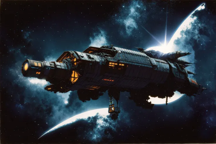 masterpiece, grimdark, retro sci-fi scenery, lens flare, nebula, stars, (in space, space), dark, ((panoramic,)) (derelict starship ((floating in space)) surrounded by metal debris), lifeless space hulk, dead spaceship, sci-fi, uhd, extremely detailed, 8k, intricate details, by Chris Foss, by John Berkey, by Jim Burns, no humans, <lora:Haruhiko Mikimoto_v30:0.7>