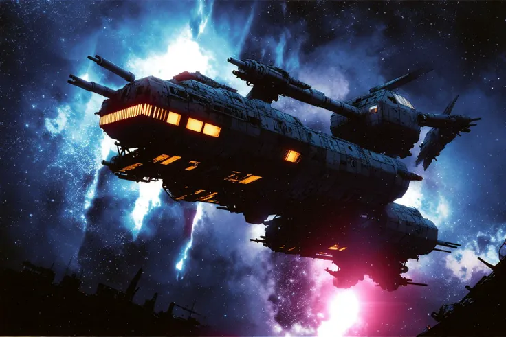 masterpiece, grimdark, retro sci-fi scenery, lens flare, nebula, stars, (in space, space), dark, ((panoramic,)) (derelict starship ((floating in space)) surrounded by metal debris), lifeless space hulk, dead spaceship, sci-fi, uhd, extremely detailed, 8k, intricate details, by Chris Foss, by John Berkey, by Jim Burns, no humans, <lora:Haruhiko Mikimoto_v30:0.7>