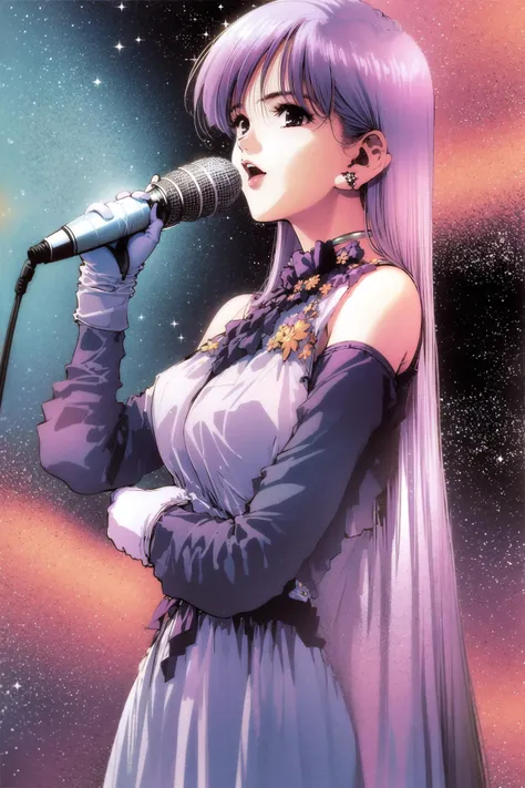 1girl, solo, 1980s (style), long hair, microphone, holding microphone, gloves, retro artstyle, purple hair, space, earrings, jewelry, dress, <lora:msbqy:0.9>