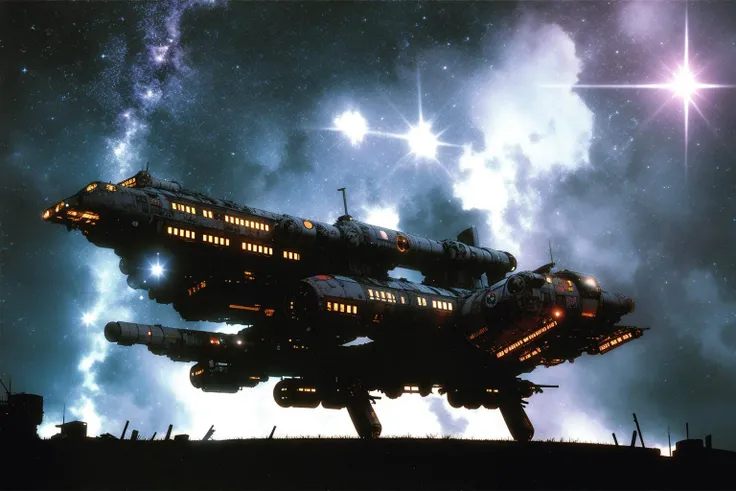 masterpiece, grimdark, retro sci-fi scenery, lens flare, nebula, stars, (in space, space), dark, ((panoramic,)) (derelict starship ((floating in space)) surrounded by metal debris), lifeless space hulk, dead spaceship, sci-fi, uhd, extremely detailed, 8k, intricate details, by Chris Foss, by John Berkey, by Jim Burns, no humans, <lora:Haruhiko Mikimoto_v30:0.7>