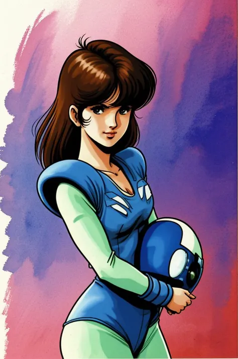 a science fiction pilot girl,
brown hair,
cleaveage,blue uniform,standing,holding a helmet,dynamic angle,
in a spaceship
watercolor \(medium\),
retro artstyle,1980s style,
<lora:LCM_LoRA_Weights_SD15:1>,<lora:ç¾æ æ¬æ´å½¦V3:1>,