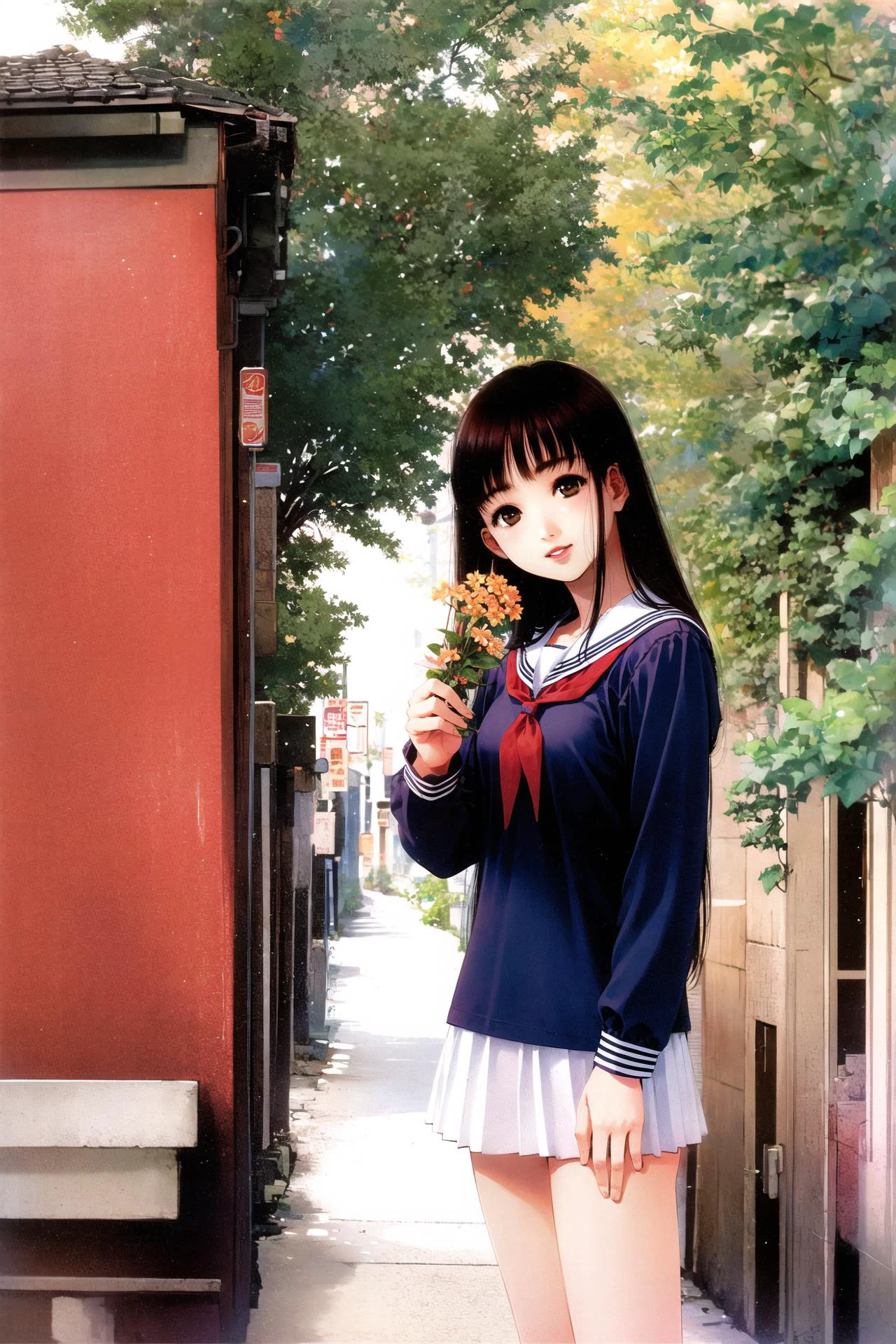 1girl, solo, school uniform, flower, serafuku, brown eyes, long hair, brown hair, lips, <lora:msbqy:0.9>