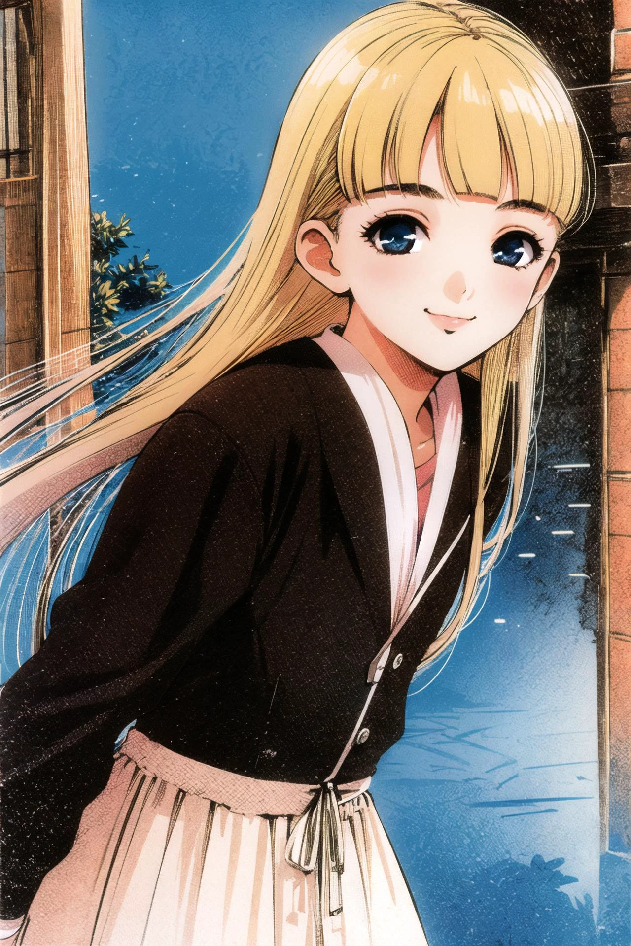 1girl, solo, blue eyes, long hair, blonde hair, smile, traditional media, retro artstyle, blunt bangs, bangs, <lora:msbqy:0.9>