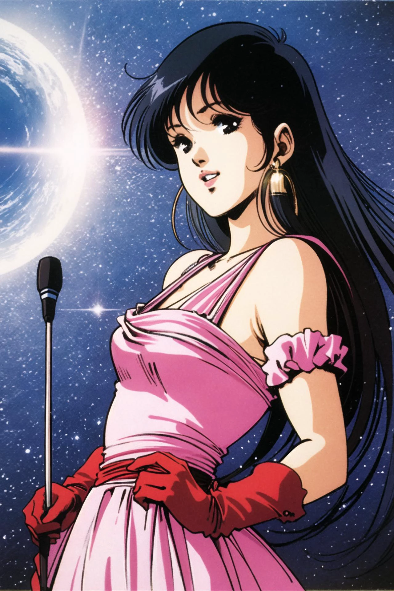 1girl, solo, 1980s (style), long hair, microphone, gloves, retro artstyle, black hair, space, earrings, jewelry, dress, realistic, black eyes, <lora:msbqy-000015:0.8>