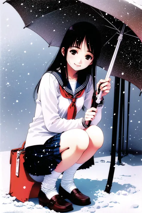 1girl, solo, squatting, umbrella, snow, skirt, black hair, bag, long hair, socks, snowing, brown eyes, school uniform, smile, plaid, black eyes, shoes,  <lora:msbqy:0.9>