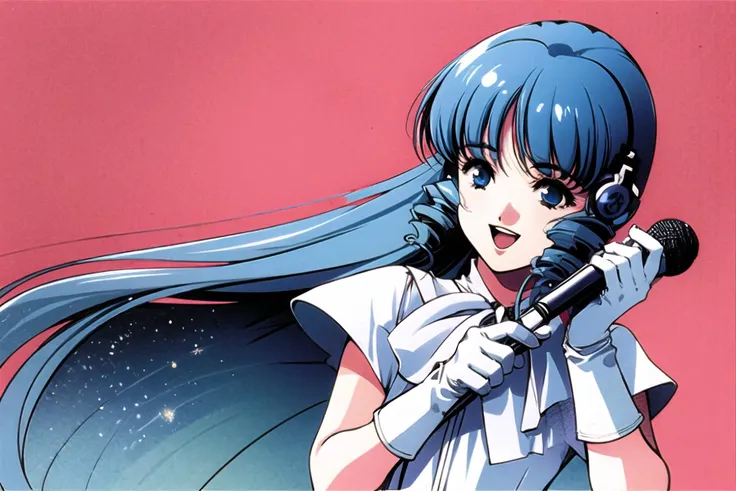 1girl, solo, gloves, long hair, microphone, jewelry, dress, white gloves, music, gem, singing, holding microphone, drill hair, smile, retro artstyle, blue eyes, brooch, holding, outstretched arm, upper body, black hair, bangs, blue hair, open mouth, very long hair,  <lora:msbqy:0.9>