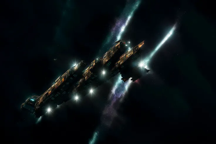 masterpiece, grimdark, retro sci-fi scenery, lens flare, nebula, stars, (in space, space), dark, ((panoramic,)) (derelict starship ((floating in space)) surrounded by metal debris), lifeless space hulk, dead spaceship, sci-fi, uhd, extremely detailed, 8k, intricate details, <lora:Haruhiko Mikimoto_v30:0.8>
