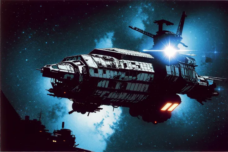 masterpiece, grimdark, retro sci-fi scenery, lens flare, nebula, stars, (in space, space), dark, ((panoramic,)) (derelict starship ((floating in space)) surrounded by metal debris), lifeless space hulk, dead spaceship, sci-fi, uhd, extremely detailed, 8k, intricate details, by Chris Foss, by John Berkey, by Jim Burns, no humans, <lora:Haruhiko Mikimoto_v30:0.7>