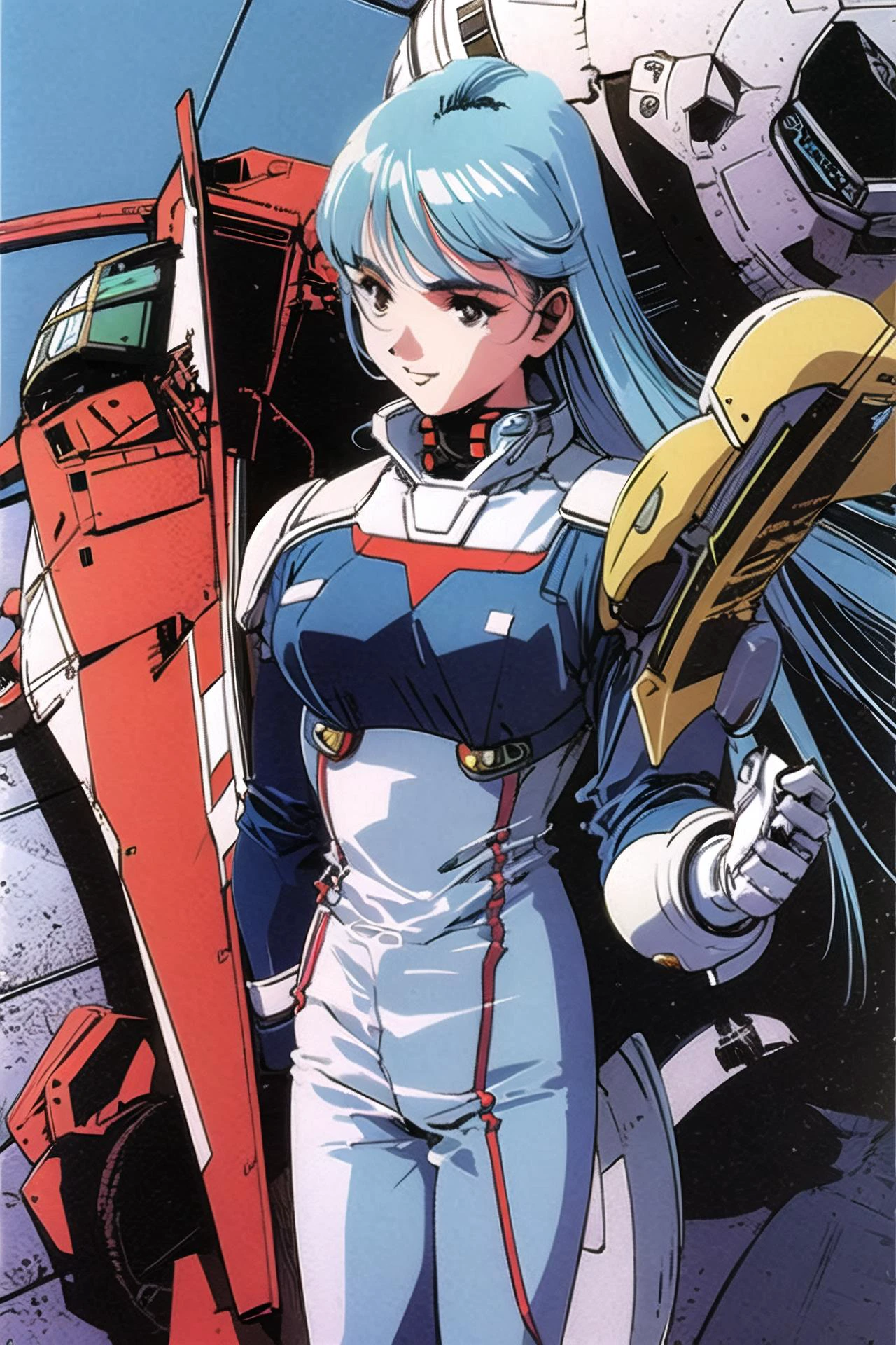 1girl, solo,long hair, blue hair, military, pilot suit, black hair, spacesuit, variable fighter, mecha, dress, armor,retro artstyle, spacecraft, 1980s (style), science fiction, <lora:msbqy:0.9>