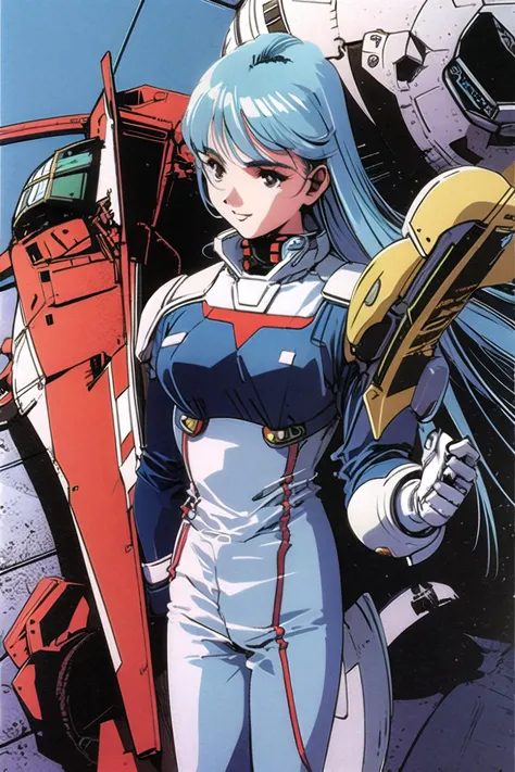 1girl, solo,long hair, blue hair, military, pilot suit, black hair, spacesuit, variable fighter, mecha, dress, armor,retro artstyle, spacecraft, 1980s (style), science fiction,  <lora:msbqy:0.9>