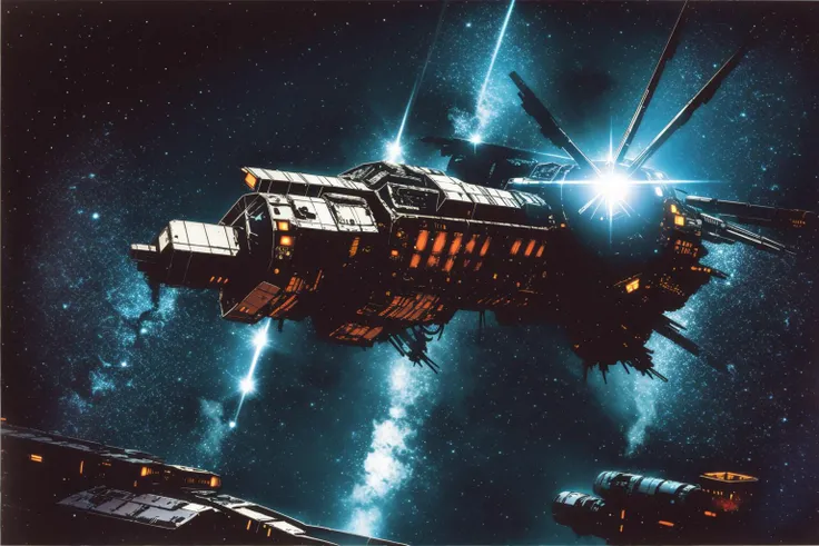 masterpiece, grimdark, retro sci-fi scenery, lens flare, nebula, stars, (in space, space), dark, ((panoramic,)) (derelict starship ((floating in space)) surrounded by metal debris), lifeless space hulk, dead spaceship, sci-fi, uhd, extremely detailed, 8k, intricate details, by Chris Foss, by John Berkey, by Jim Burns, no humans, <lora:Haruhiko Mikimoto_v30:0.7>