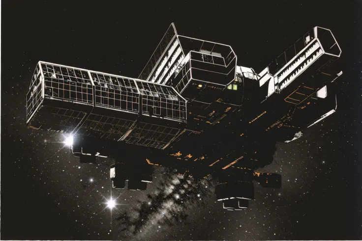 masterpiece, grimdark, retro sci-fi scenery, lens flare, nebula, stars, (in space, space), dark, ((panoramic,)) (derelict starship ((floating in space)) surrounded by metal debris), lifeless space hulk, dead spaceship, sci-fi, uhd, extremely detailed, 8k, intricate details, by Chris Foss, by John Berkey, by Jim Burns, no humans, <lora:Haruhiko Mikimoto_v30:0.7>