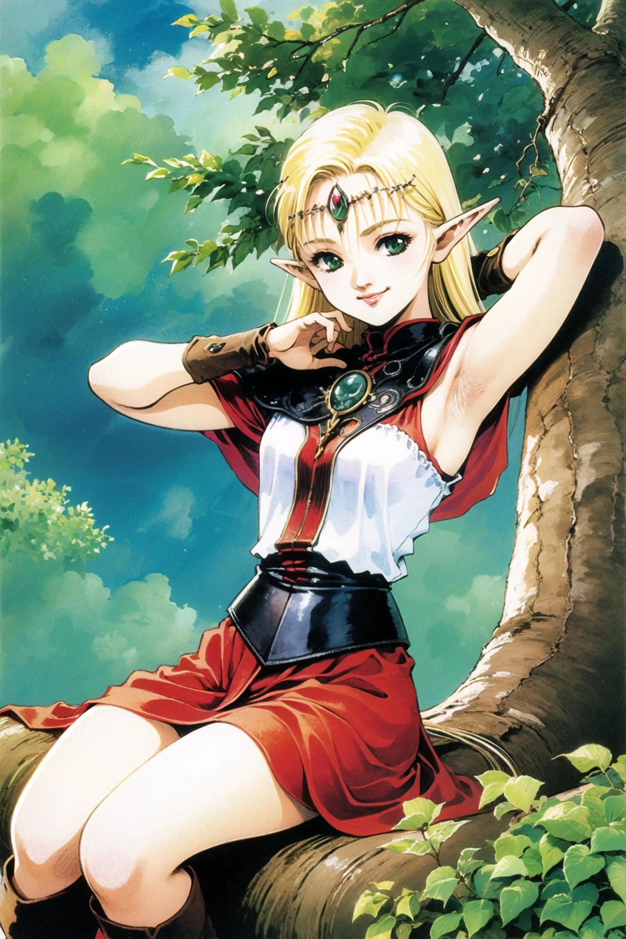 1girl, pointy ears, solo, long hair, elf, armor, tree, sitting, blonde hair, cape, boots, green eyes, circlet, in tree, 1990s (style), armpits, arm up, smile, watercolor \(medium\), <lora:ç¾æ æ¬æ´å½¦V3:1>