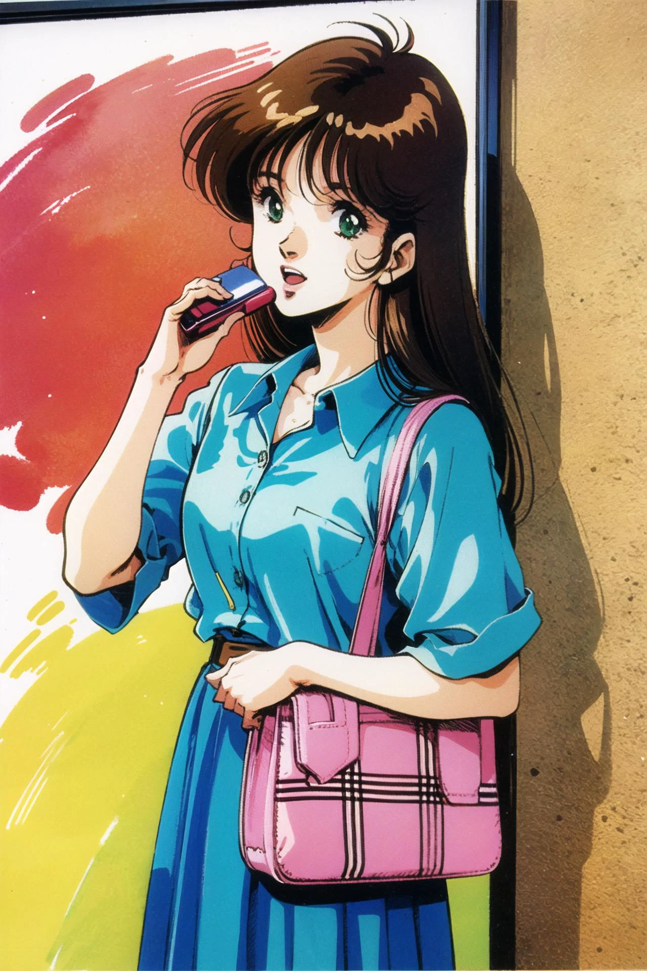 1girl, 1980s (style), retro artstyle, brown hair, phone, long hair, solo, plaid, bag, skirt, open mouth, holding, cellphone, talking on phone, holding phone, short sleeves, handbag, green eyes, belt, shirt,watercolor \(medium\), <lora:ç¾æ æ¬æ´å½¦V3:1>
