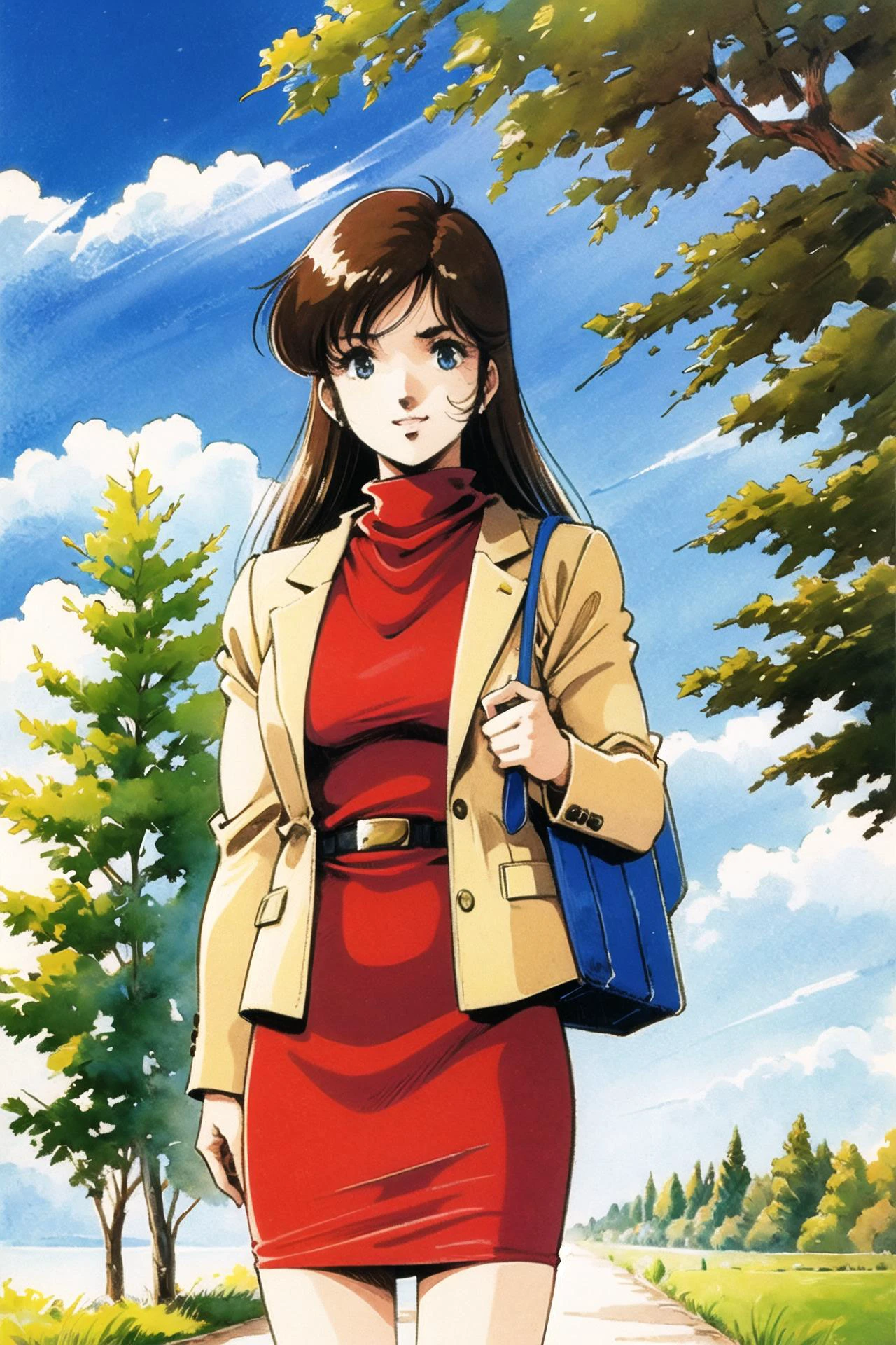 1girl, solo, skirt, brown hair, bag, jacket, handbag, blue eyes, tree, belt, retro artstyle, sky, cloud, long hair, traditional media, pencil skirt, turtleneck, watercolor \(medium\), <lora:ç¾æ æ¬æ´å½¦V3:1>
