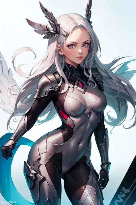 <lora:shurakrgt-artist-richy-v1:1>, ultra detailed, masterpiece, best quality, aesthetic, detailed,, serious, 1girl, (white eyes:1.1), (grey eyes:1.3), white hair, very long hair, parted hair, parted bangs, <lora:parted_hair_v1.3:1.3>, medium breasts,, valkyrie, (bodysuit:1.1), pink wing hair ornament, grey armored skirt, black bodysuit, armor, gauntlets, pink breastplate, greaves, armored dress, pink hues,