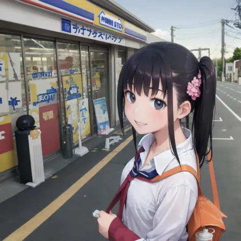 best quality, ultra-detailed, illustration,
1girl,solo, black hair, long hair, school uniform, school bag, happy, smile, holding, soft serve, ice cream cone, looking at viewer, upper body,
ministop, konbini, scenery, storefront, japan, bicycle, outdoors, road, power lines, utility pole, building, car, sign, street, shop, sky, realistic,
<lora:MINISTOP_JAPAN_SD15_V1:0.8>