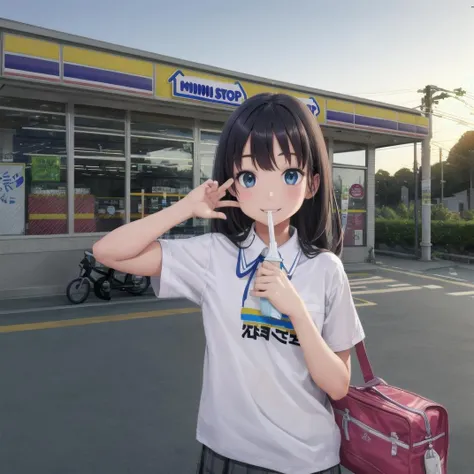 best quality, ultra-detailed, illustration,
1girl,solo, black hair, long hair, school uniform, school bag, happy, smile, holding, soft serve, ice cream cone, looking at viewer, upper body,
ministop, konbini, scenery, storefront, japan, bicycle, outdoors, road, power lines, utility pole, building, car, sign, street, shop, sky, realistic,
<lora:MINISTOP_JAPAN_SD15_V1:0.8>