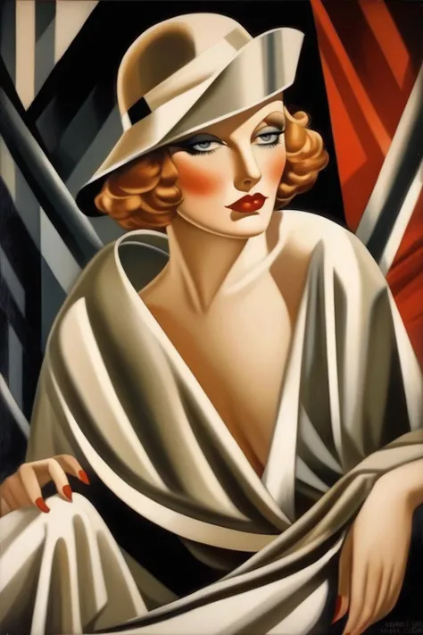 <lora:Tamara De Lempicka Style:1>Tamara De Lempicka Style - 30's art deco woman painting Tamara de lempicka style racy elegance worthy of Greta Garbo or Marlene Dietrich