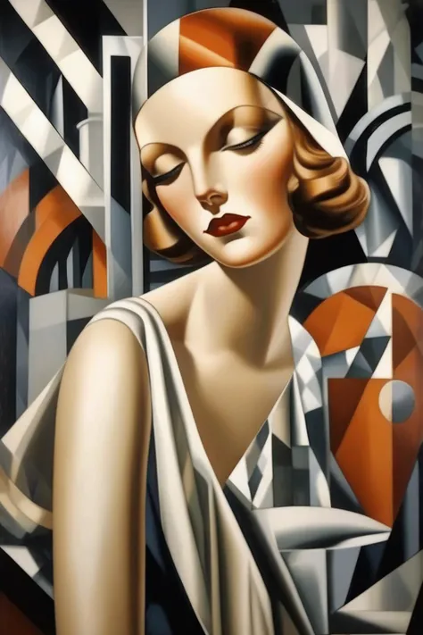 <lora:Tamara De Lempicka Style:1>Tamara De Lempicka Style - Erstelle eine Szene, in der eine moderne Frau im Stil von Tamara de Lempicka dargestellt wird. Verwende geometrische Formen und metallische Farben, um den Art-Deco-Stil zu betonen