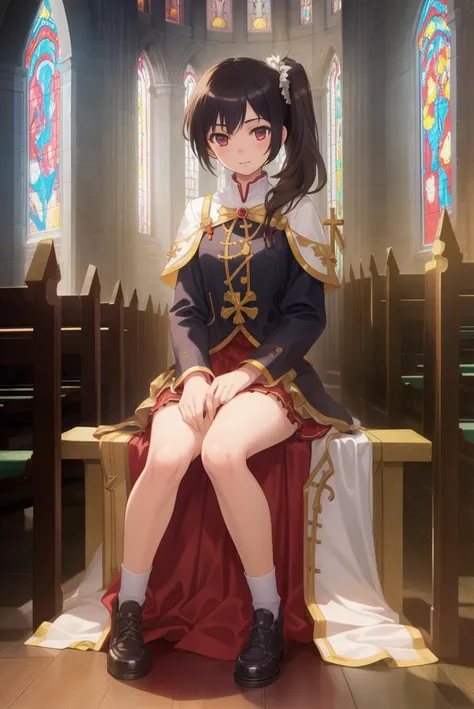 masterpiece,bast quality,official art,8K wallpaper,game cg,1girl,hands on own thighs,side ponytail,face to pecs,church, solo,sitting,full body