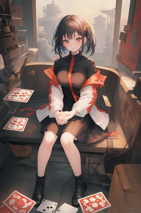 masterpiece,bast quality,official art,8K wallpaper,game cg,1girl,own hands together,hands on lap,pixie cut,card between breasts,control tower, solo,sitting,full body