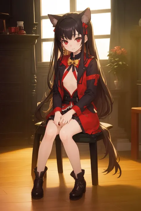 masterpiece,bast quality,official art,8K wallpaper,game cg,1girl,hands on own knees,hime cut,small nipples,salon, solo,sitting,full body