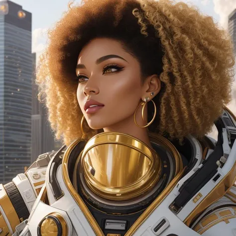 Space suit, Visionary, Average Height, Slim, Square Face, Tan Skin, Honey Blonde Hair, Brown Eyes with Green Flecks, Long Nose, Full Lips, Sharp Chin, Shoulder-Length Hair, Wavy Hair, Tapered Afro, soft breasts, Faux gauge earrings, golden, satin lipstick, City floating in the clouds, <lora:epiNoiseoffset_v2Pynoise:2>