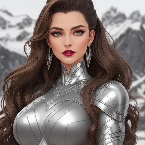 Form-fitting liquid metal bodysuits, Starlet, Average Height, in shape, Square Face, Fair Skin, Light Brown Hair, Hazel Eyes with Green Flecks, Wide Nose, Full Lips, Receding Chin, Long Hair, Wavy Hair, Fancy Updo, large breasts, Cuff earrings, black, satin lipstick, Frozen tundra with icy mountains, <lora:epiNoiseoffset_v2Pynoise:2>