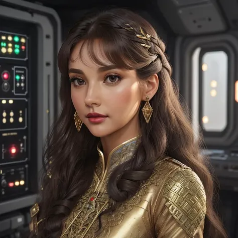 Officer monitoring vital systems on the control panel, ensuring flawless spaceship function, Enchanted tunic and leggings with intricate crystal patterns, Goddess, Tall, Thin, Square Face, Olive Skin, Light Brown Hair, ruby Eyes, Wide Nose, Full Lips, Receding Chin, Long Hair, Fine Hair, Long Wavy Hair, small breasts, Dangle earrings, golden stain lipstick, <lora:epiNoiseoffset_v2Pynoise:2>