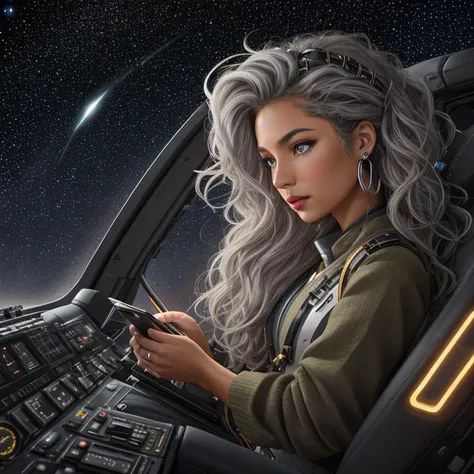 Navigator examining star charts and astrogation data in the cockpit, Vibrant coat with luminescent energy trails, Luminary, Short, Skinny, Round Face, Olive Skin, Silver Hair, Blue Eyes, [[Curved Nose]], Thin Lips, Sharp Chin, Long Hair, Wavy Hair, Voluminous Waves, soft breasts, Faux gauge earrings, terracotta sheer lipstick, <lora:epiNoiseoffset_v2Pynoise:2>