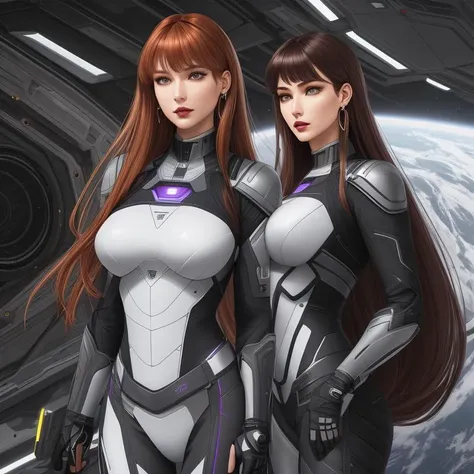 Quantum entanglement suits, Gal, Tall, Firm, Round Face, Fair Skin, Auburn Hair, Gray Eyes, Wide Nose, Thick Lips, Prominent Chin, Long Hair, Straight Hair, Bangs with Highlights, firm breasts, Cuff earrings, violet, matte lipstick, Giant space station, <lora:epiNoiseoffset_v2Pynoise:2>