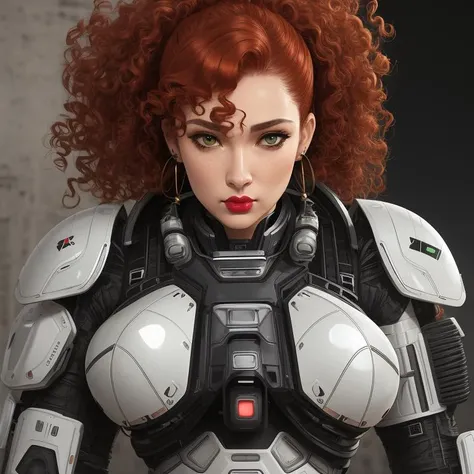 exoskeleton suit, Goddess, Short, Thin, Oval Face, Tan Skin, Red Hair, hazel Eyes, Short Nose, Pouty Lips, Receding Chin, Long Hair, Curly Hair, French Roll, asymmetrical breasts, Huggie earrings, green, stain lipstick, Giant space station, <lora:epiNoiseoffset_v2Pynoise:2>