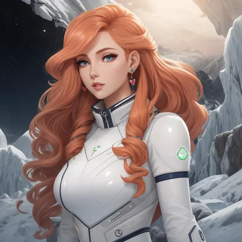 astroneer uniform, Temptress, Short, Athletic, Heart-Shaped Face, Fair Skin, Strawberry Blonde Hair, jade Eyes, Narrow Nose, Thick Lips, Prominent Chin, Long Hair, Coarse Hair, Shoulder-Length Curls, soft breasts, Huggie earrings, coral, cream lipstick, Frozen tundra with icy mountains, <lora:epiNoiseoffset_v2Pynoise:2>