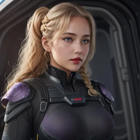 Crew member maintaining constant vigilance in the captain's seat, Nanotech suits, Queen, Short, Lean, Round Face, Fair Skin, Honey Blonde Hair, red Eyes, Wide Nose, Thick Lips, Prominent Chin, Shoulder-Length Hair, Thick Hair, Formal Braided Updo, natural breasts, , violet sheer lipstick, <lora:epiNoiseoffset_v2Pynoise:2>