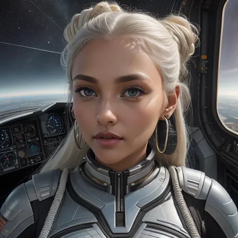 Panoramic viewport in the cockpit offering breathtaking views of celestial bodies, Quantum entanglement suits, Superwoman, Tall, Thin, Square Face, Dark Skin, Platinum Blonde Hair, light blue Eyes, Long Nose, Thick Lips, Receding Chin, Long Hair, Coarse Hair, Fancy Updo, saggy breasts, Threader earrings, terracotta gloss lipstick, <lora:epiNoiseoffset_v2Pynoise:2>
