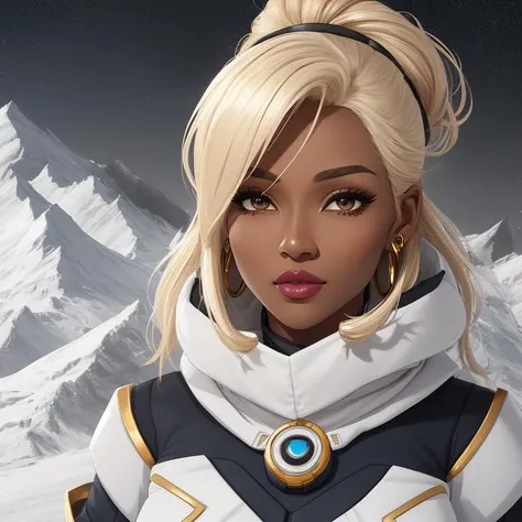 astroneer uniform, Madam, Average Height, Toned, Heart-Shaped Face, Dark Skin, Blonde Hair, gold Eyes, Straight Nose, Thin Lips, Sharp Chin, Shoulder-Length Hair, Thick Hair, Donut Bun, full breasts, Clip-on earrings, beige, velvet lipstick, Frozen tundra with icy mountains, <lora:epiNoiseoffset_v2Pynoise:2>