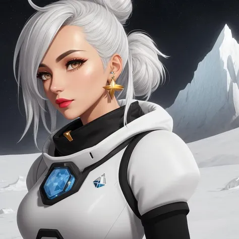 astroneer uniform, Lady, Short, Fit, Square Face, Tan Skin, Silver Hair, gold Eyes, Long Nose, Full Lips, Prominent Chin, Shoulder-Length Hair, Thick Hair, Messy Bun, natural breasts, Clip-on earrings, cream, stain lipstick, Frozen tundra with icy mountains, <lora:epiNoiseoffset_v2Pynoise:2>