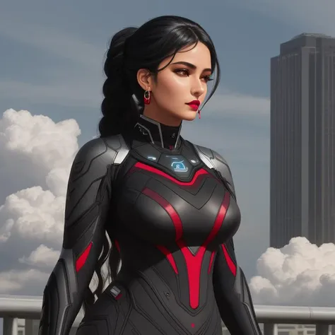Neural interface suits, Escort, Short, Athletic, Heart-Shaped Face, Dark Skin, Black Hair, red Eyes, Long Nose, Thin Lips, Round Chin, Shoulder-Length Hair, Wavy Hair, Dutch Braid, full breasts, Huggie earrings, mauve, stain lipstick, City floating in the clouds, <lora:epiNoiseoffset_v2Pynoise:2>