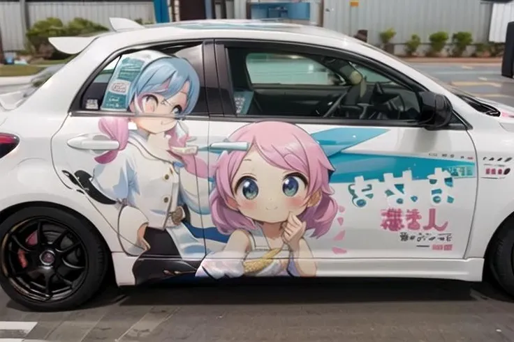 masterpiece,best quality,ultra detail,1girl,pastel color hair,chibi,putite,blush,smile,looking at viewer, from the side<lora:carPrint:0.9>,a photo of a car ,vehicle focus ,aniwrap,text,close up