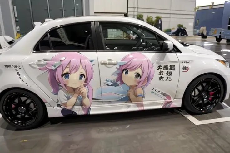 masterpiece,best quality,ultra detail,1girl,pastel color hair,chibi,putite,blush,smile,looking at viewer, from the side<lora:carPrint:0.9>,a photo of a car ,vehicle focus ,aniwrap,text,close up