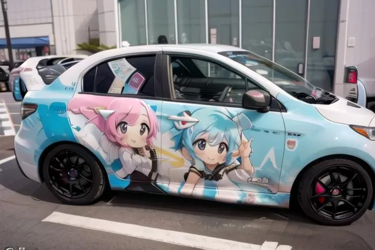 masterpiece,best quality,ultra detail,1girl,pastel color hair,chibi,putite,blush,smile,looking at viewer, from the side<lora:carPrint:0.9>,a photo of a car ,vehicle focus ,aniwrap,text,close up