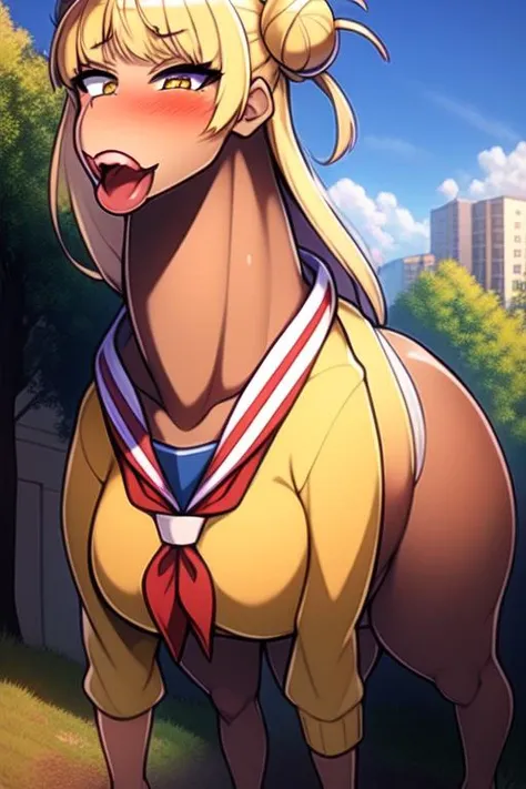 (masterpiece, best quality:1.2), <lora:togaHimikoLora_offset:0.5>, ( \Queen'sStallion\ :1.4), toga himiko, boku no hero academia, 1girl, bags under eyes, bangs, blonde hair, blue sailor collar, blunt bangs, blush, cardigan, double bun, grin, hair bun, hand up, happy, long sleeves, looking at viewer, messy hair, neckerchief, red neckerchief, sailor collar, sanpaku, school uniform, serafuku, short hair, sidelocks, slit pupils, smile, solo, twitter username, upper body, v, yellow cardigan, yellow eyes, standing, , underwear, (dark-skinned female:1.2),school uniform, panties, dark skin, serafuku, leopard print, wings, multicolored hair, animal print, outdoors, ahoge, sky, city, day, blonde hair, building, skirt, purple eyes, no pants, short hair, two-tone hair, blue sky, tree, by (Ultra-Quality Detail Photorealistic:1.5 ) extremely detailed CG unity 8k <lora:Queen'sStallion,_re_V0_1:0.9>